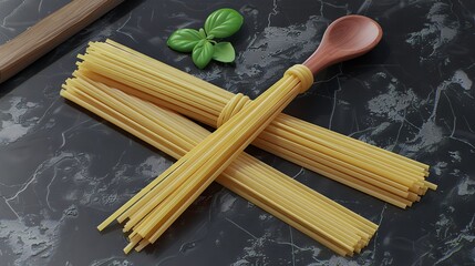   A bowl of cooked pasta next to a wooden spoon on a white plate with a sprig of basil