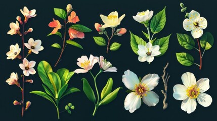 A collection of stylized flora illustrations, showcasing various types of blossoms and branches in vivid colors against a dark background.