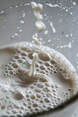 Close-up shot of milk splashing and forming bubbles in a glass, capturing fluid motion