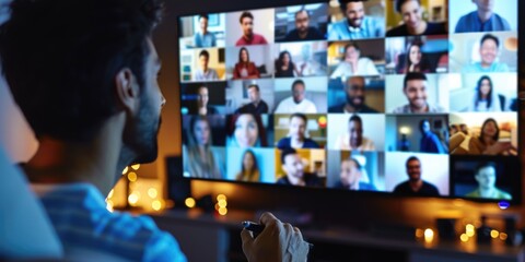 A modern man using a digital interface to communicate with multiple people, indicative of the connected and collaborative nature of work in today's technology-driven world.