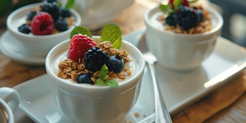 These mini cups of yogurt and fruit are a delightful, healthy option for breakfast or snack. Each cup is filled with fresh berries and granola, offering a mix of flavors