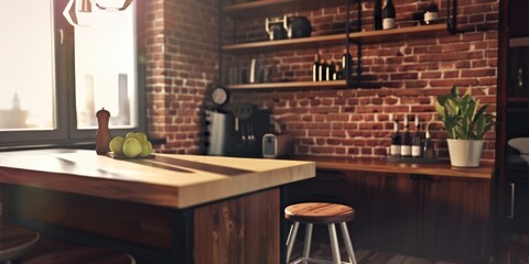This image depicts a spacious, modern kitchen with an industrial design theme. The space features a wooden island, brick walls, stainless steel appliances