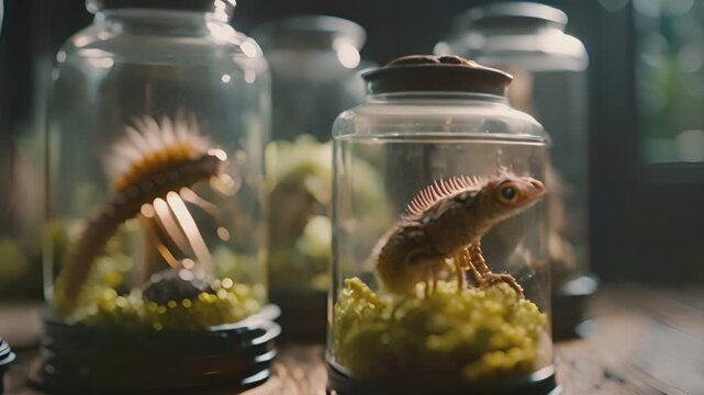 Jars in laboratory with strange alien species, insect reptile mutant chimeras. Animal experiments. Mad scientist laboratory. Horror or sci-fi movie theme, footage. Biohazard. Breeding.