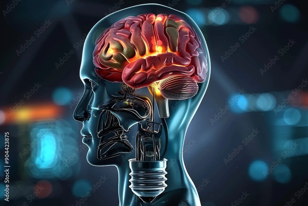 Poster Advanced Brain Technology in a Lightbulb Illustrating Cognitive Expansion and Connectivity.