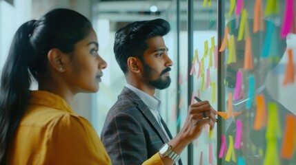 Two professionals in business attire working together on a wall covered with colorful sticky notes, symbolizing team brainstorming and the exchange of creative ideas in an office setting.
