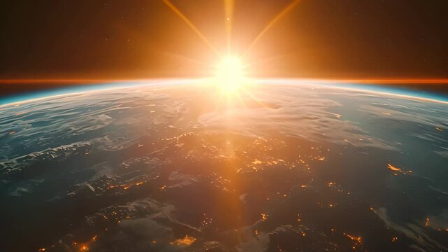 Planet earth space astronomy cinematic background science exploration orbit glowing sun glimpse flare glare sunlight rays satellite global world view illuminated stars planets connection network