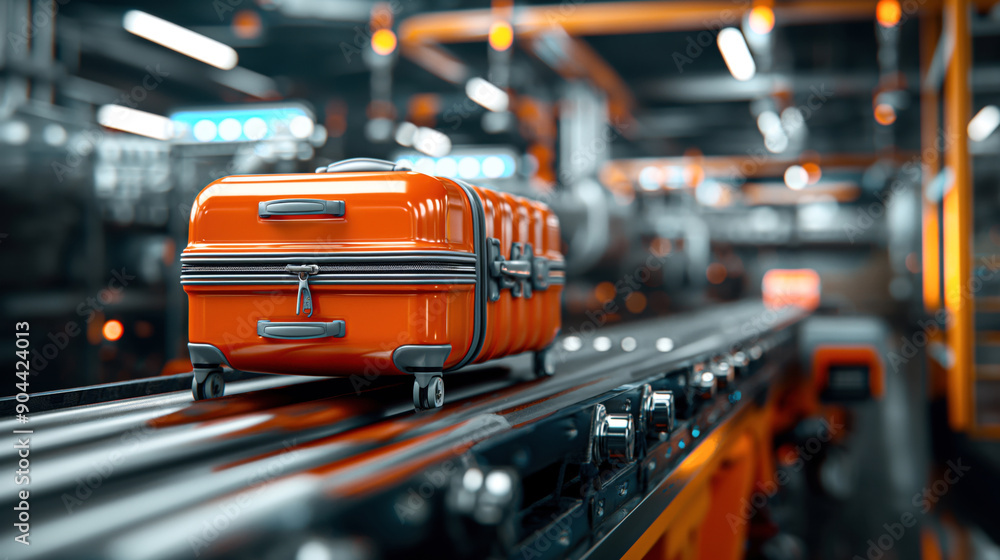 Wall mural orange suitcase on a conveyor belt in an industrial or airport baggage handling area with a blurred 