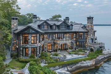 Fototapeta premium A stunning aerial view of the expansive, three-story stone and shingle house.