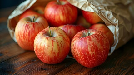 A bag of apples sits on a wooden table