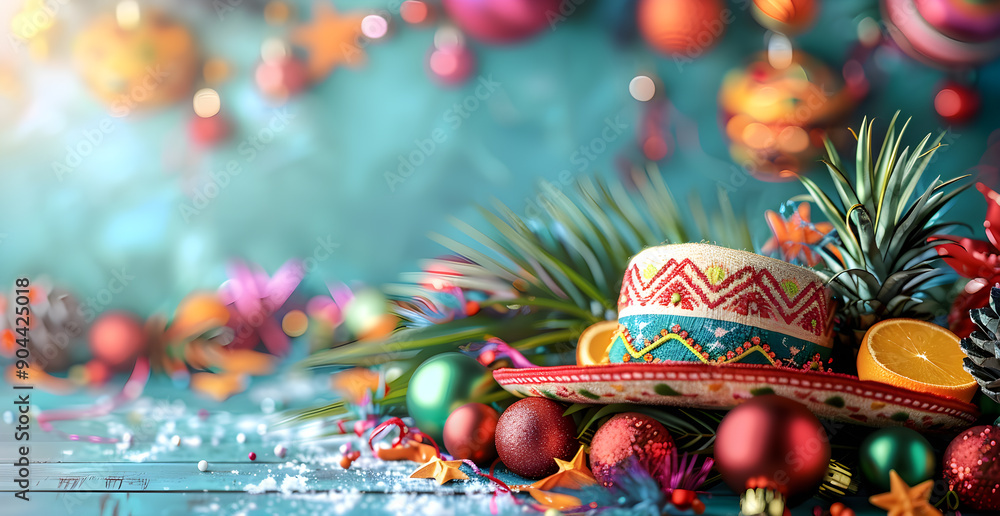 Wall mural A colorful hat is on top of a table with a bunch of Christmas decorations