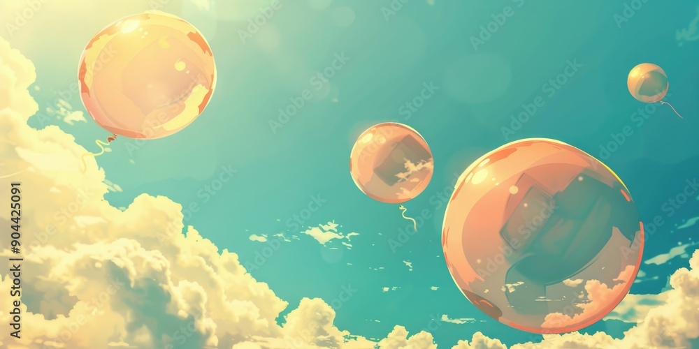 Poster a serene and colorful sky with floating bubbles, creating a calm atmosphere.