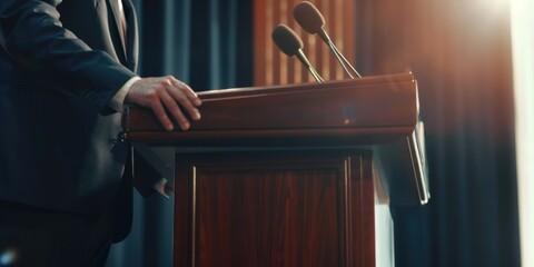 Businessman in suit giving speech at podium, microphones on stands, event with political or professional focus.