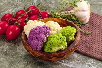 Raw cauliflower different colors heap