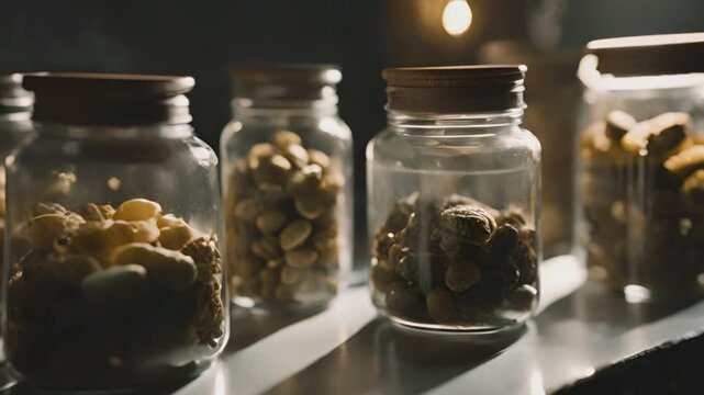 Jars full of strange mutated plants or organisms. Alien species. Secret lab, forbidden experiments. Mad scientist laboratory. Horror or sci-fi movie theme, footage. Biohazard. Breeding.