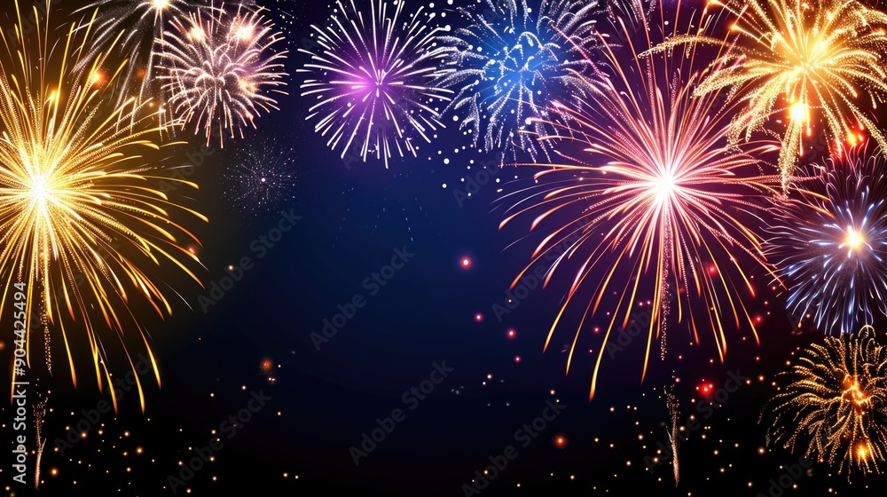 Poster a nighttime display of bright and colorful fireworks exploding in the sky, set against a dark backgr