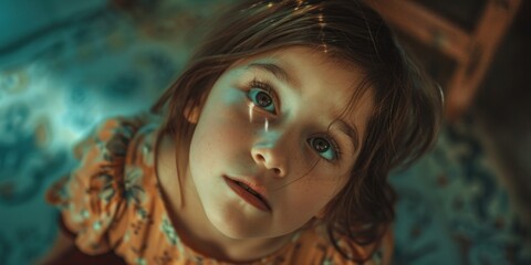 Fototapeta premium The image features a young girl with an innocent expression, looking directly at the camera. Her eyes are wide and her mouth is slightly open, suggesting curiosity