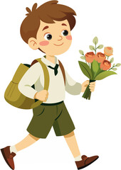 Schoolboy goes to school with a briefcase and a bouquet of flowers for the teacher on a transparent background ESP vector