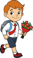 Schoolboy goes to school with a briefcase and a bouquet of flowers for the teacher on a transparent background ESP vector
