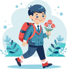 Schoolboy goes to school with a briefcase and a bouquet of flowers for the teacher on a transparent background ESP vector