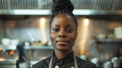 African American chef in a white uniform standing in an industrial kitchen with professional equipment.