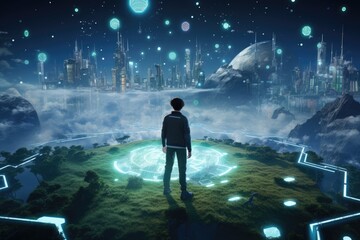 A man standing in front of a green landscape, looking out into the vast open field.