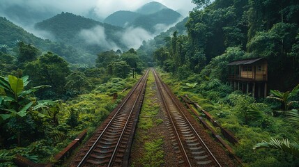 Fototapeta premium A jungle surrounds a track-hut combo