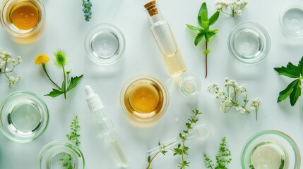 An array of natural skincare products, including various herbal extracts, essential oils, and other organic cosmetics.