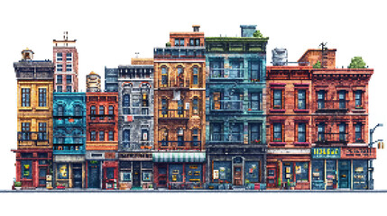 Obraz premium pixel art illustration of colorful urban buildings, showcasing retro city architecture and charming storefronts, transparent png isolated background