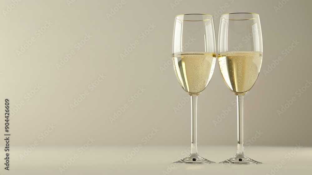 Poster   Two champagne glasses sit atop a table against a white wall