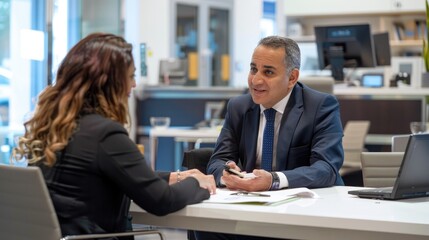Professional Bank Employee Assisting A Customer In A Modern And Upmarket Bank Branch. Banking Employee Engaging In Friendly And Informative Conversation With Customer. Generative AI