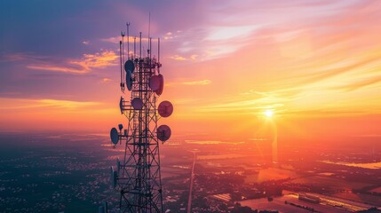 Telecom Tower Silhouetted Against a Colorful Sunset. Network and broadcast tower