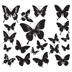 Flying butterflies silhouette black set isolated on transparent background