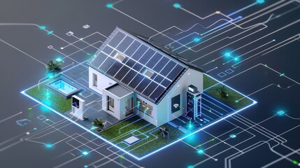 A sophisticated energy management system for a smart home, showing connections to solar panels and battery storage on a digital interface.