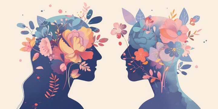 Two stylized heads with vivid floral designs, in a colorful and abstract representation.