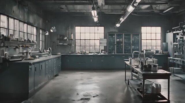 Metal table and glass containers with liquid in dark, old laboratory of some mad scientist. Forbidden experiments, dangerous science concept. Cinematic footage for a science fiction or horror movie.