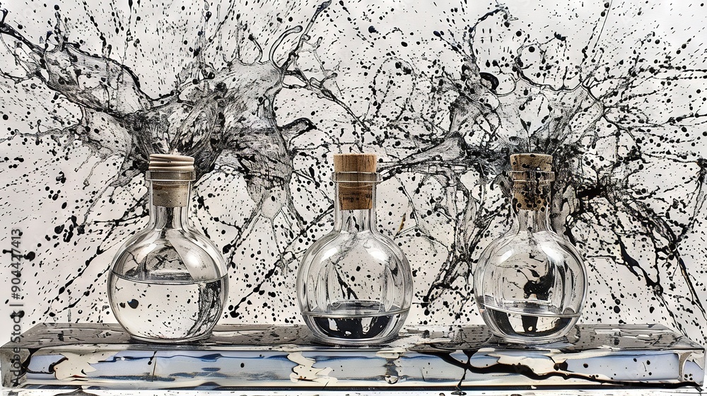 Poster three bottles rest on a shelf with ink stains on the background wall