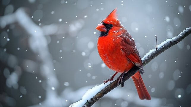 A red cardinal bird is perched on a branch covered in snow