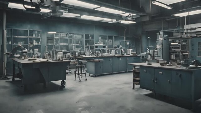 Metal table and glass containers with liquid in dark, old laboratory of some mad scientist. Forbidden experiments, dangerous science concept. Cinematic footage for a science fiction or horror movie.
