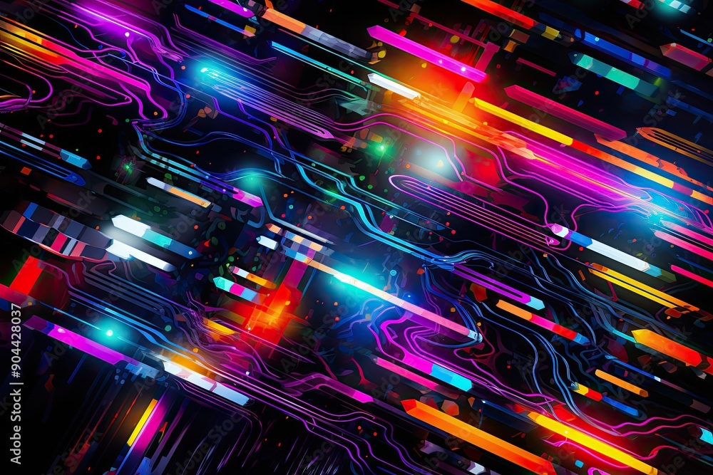 Poster abstract colorful waves on black background. vibrant hues blend and flow, creating a dynamic and vis