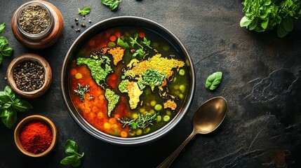 photo of a soup with a world map in it made out of varied and colorful herbs and garnishes, food photography, 16:9