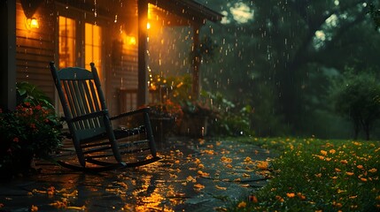 A rocking chair is sitting on a porch in the rain