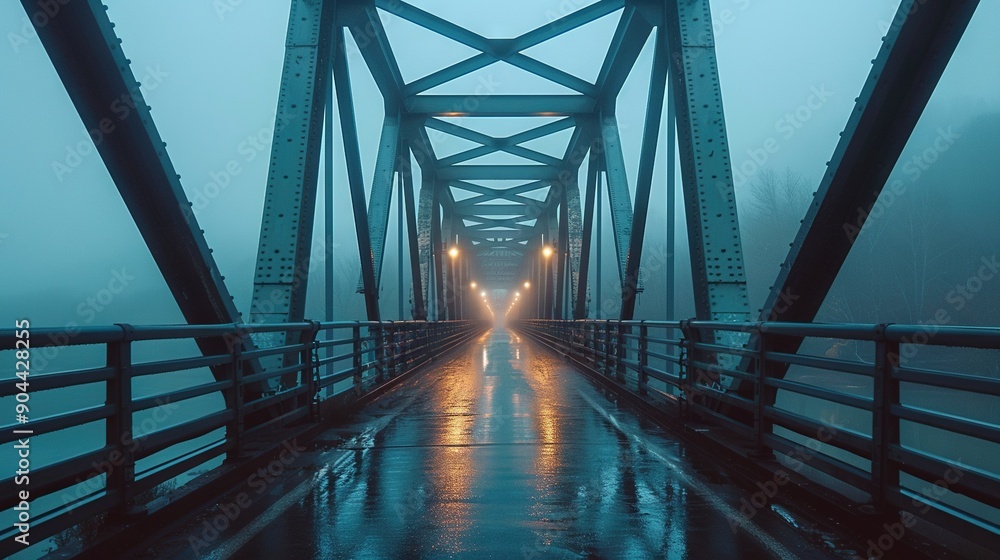 Poster a pair of individuals strolling across a bridge during a hazy day with a vehicle situated in the cen