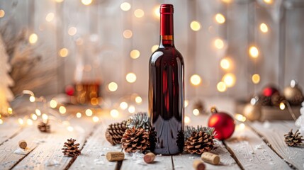 A warm and cozy holiday scene showcasing a bottle of red wine along with various festive decorations all around