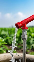 Water flows from an irrigation tap into vibrant rice fields, with the sun setting in the background and palm trees framing the serene landscape