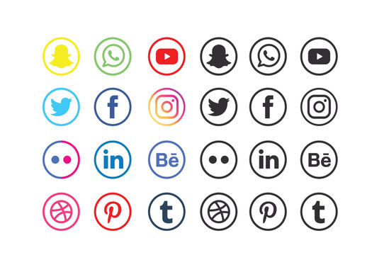 Facebook, twitter, instagram, youtube, snapchat, pinterest, whatsap, linkedin, Collection of popular social media logo. Social media icons. Realistic set. Vector editorial .Social media icon bundle	