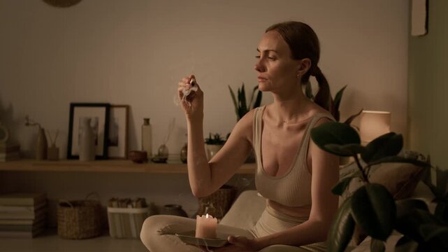 Side tilt shot of middle-aged Caucasian lady in activewear sitting in bed with candle and burning palo santo stick, enjoying its aroma before tea ceremony, kettle and incense stick on tray by bed
