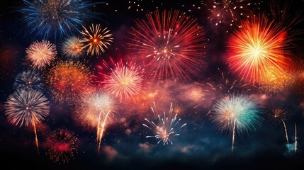 Naklejka premium Bright bursts of fireworks against a dark backdrop, Vibrant explosion of colors in the night sky.