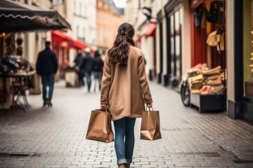 Fototapeta premium A woman walking down a street with shopping bags.