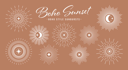 Vintage sunburst, sunset beams collection. Boho style, modern minimalist bohemian design. Hand drawn bursting sun, light rays. Logotype or lettering design element in retro style. Vector illustration