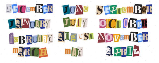 Set of crapbook month with cutout collage paper font. Letter stickers for stories. Trendy story date. Isolated as png note elements. Vector illustration.